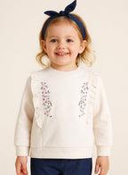 Dirkje Cotton Ruffled Floral Embroidered Sweatshirt And Joggers Set With Headband - White/Navy Blue