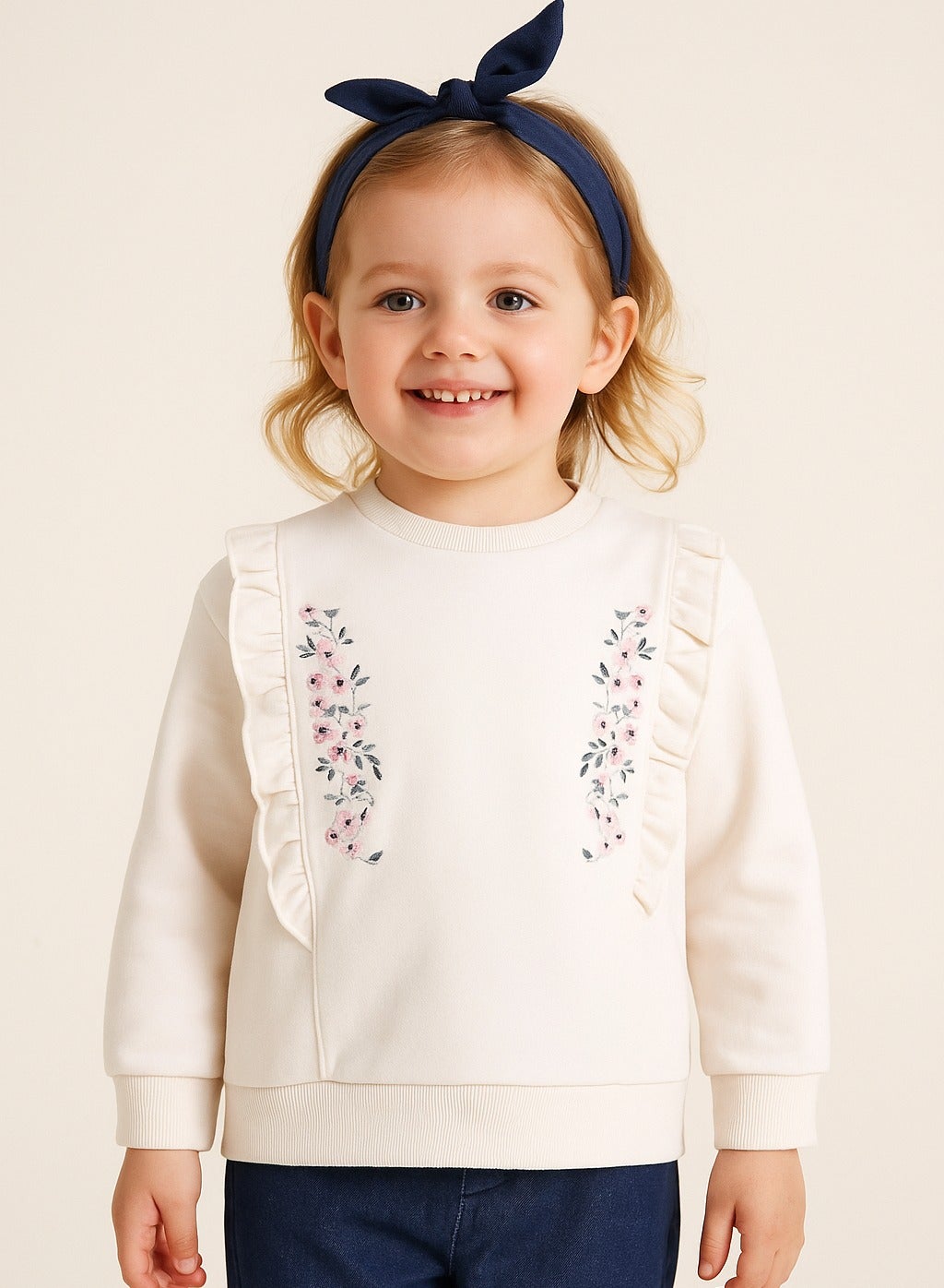Dirkje Cotton Ruffled Floral Embroidered Sweatshirt And Joggers Set With Headband - White/Navy Blue