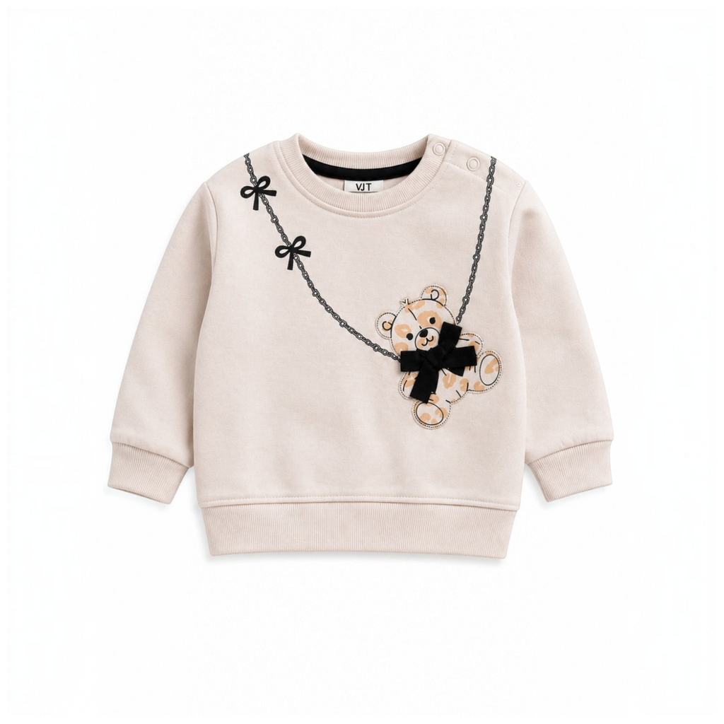 victor and jane girls beige cotton french terry sweatshirt with a cute bear graphic and black bow chain detail
