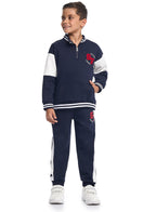 Victor And Jane Cotton Sf Patch & Printed Full Sleeves Zip Up Varsity Sweatshirt & Joggers Co-Ord Set - Navy Blue & White