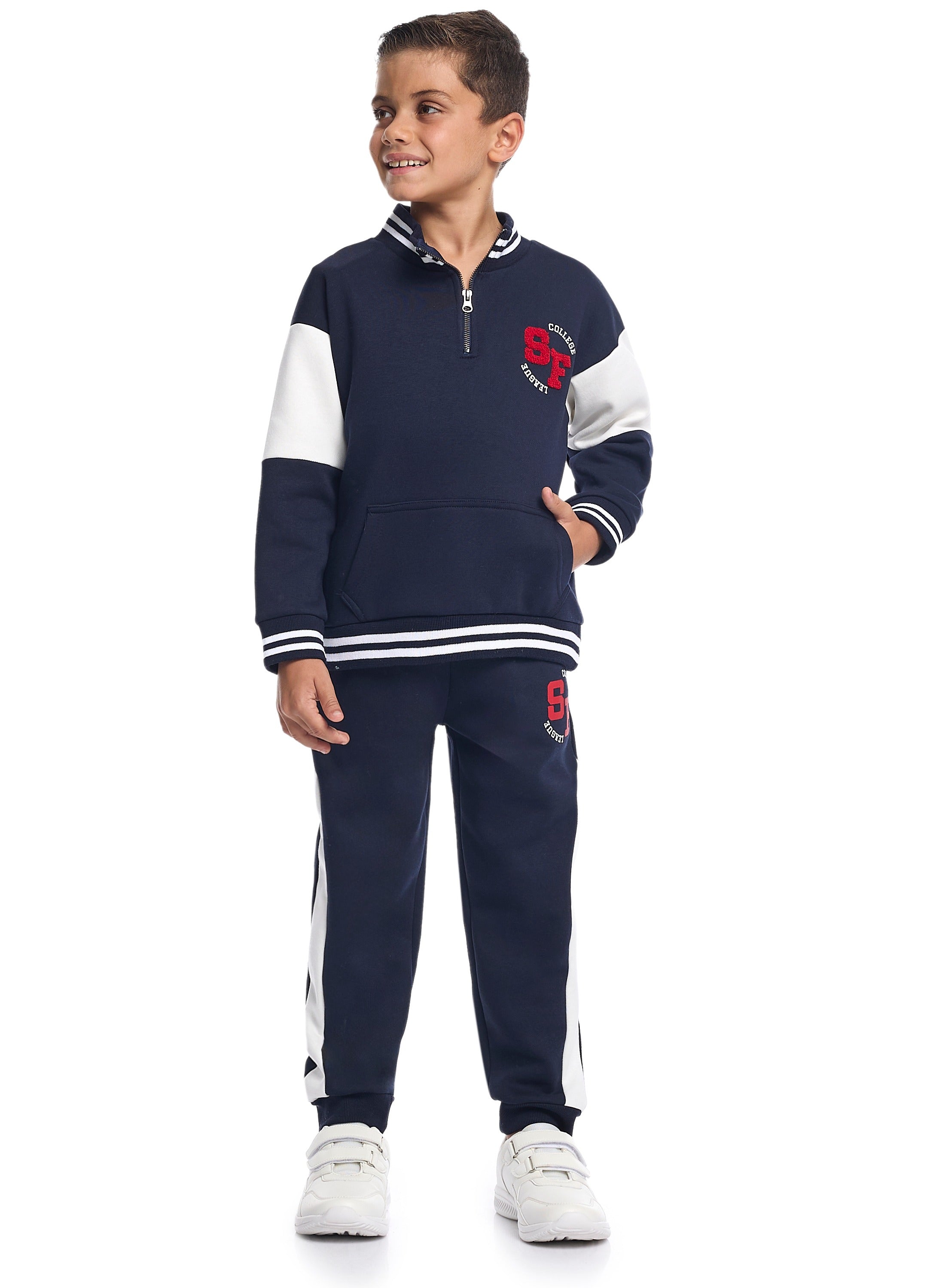 Victor And Jane Cotton Sf Patch & Printed Full Sleeves Zip Up Varsity Sweatshirt & Joggers Co-Ord Set - Navy Blue & White
