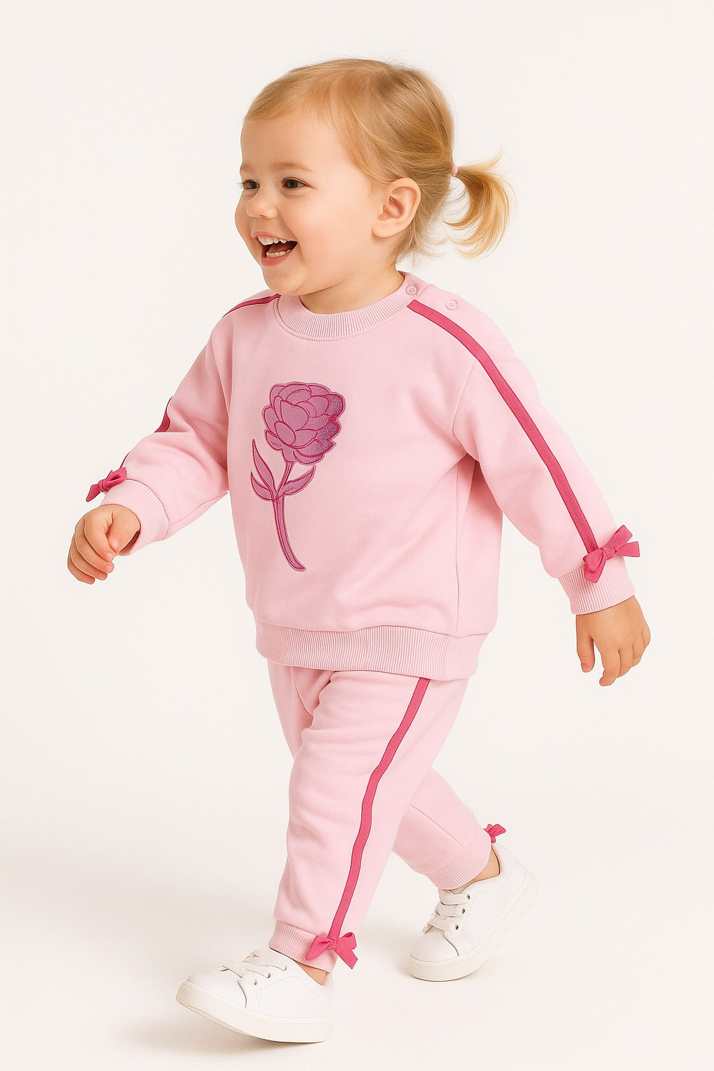 Baby Girl Rose Appliqué Fleece Tracksuit – Pink 2-Piece Set