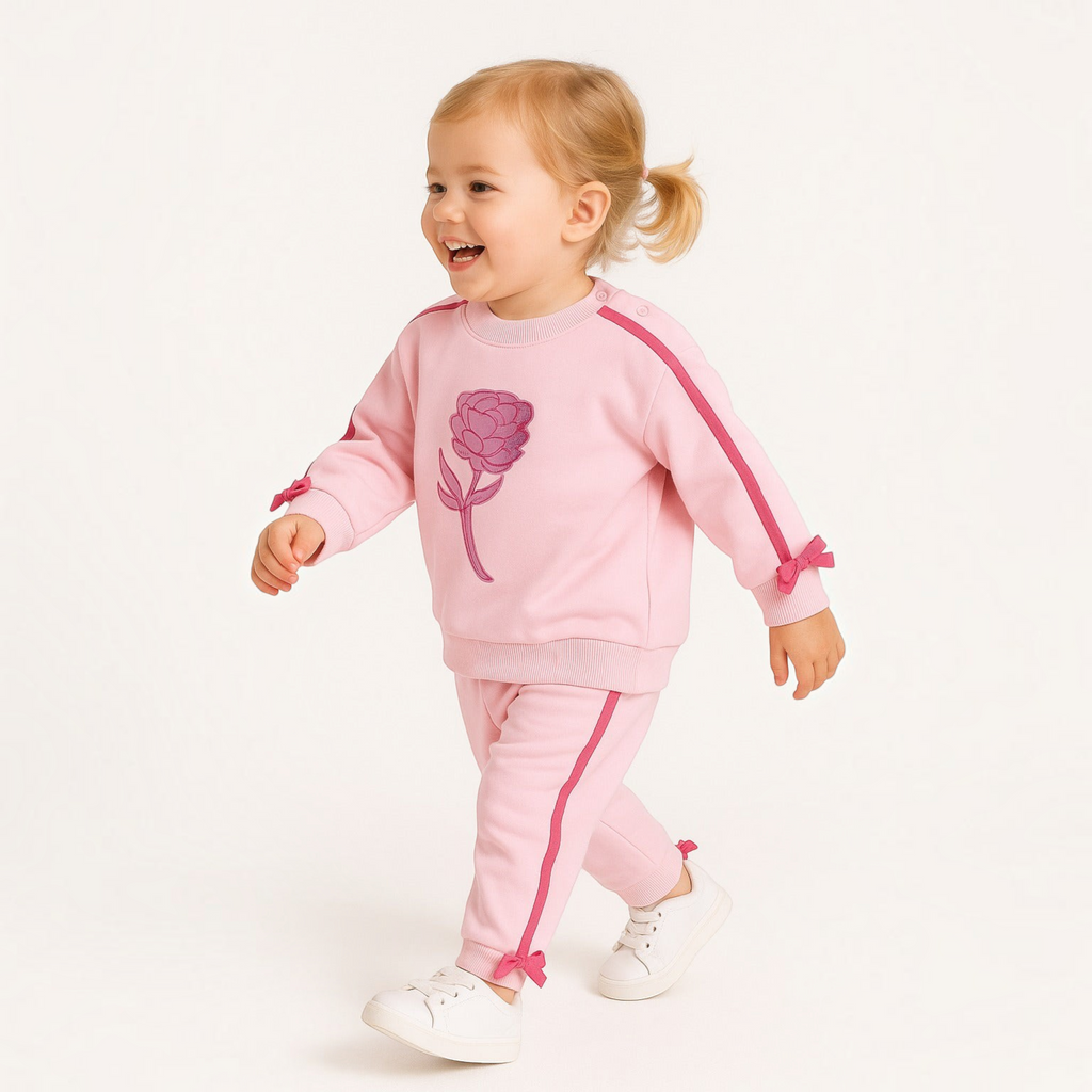 victor and jane toddler girl pink two-piece set with rose embroidery and side ribbon details on a smiling child