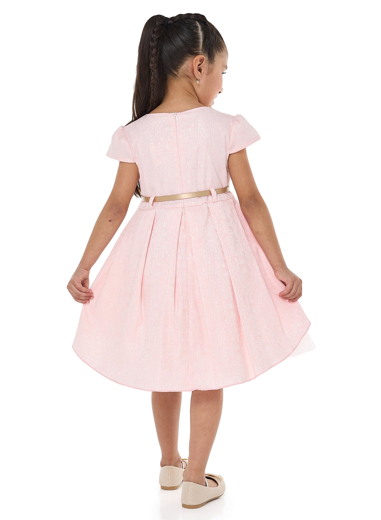 Girls Elegant Lt Pink/Gold Jacquard & Tulle Party Dress