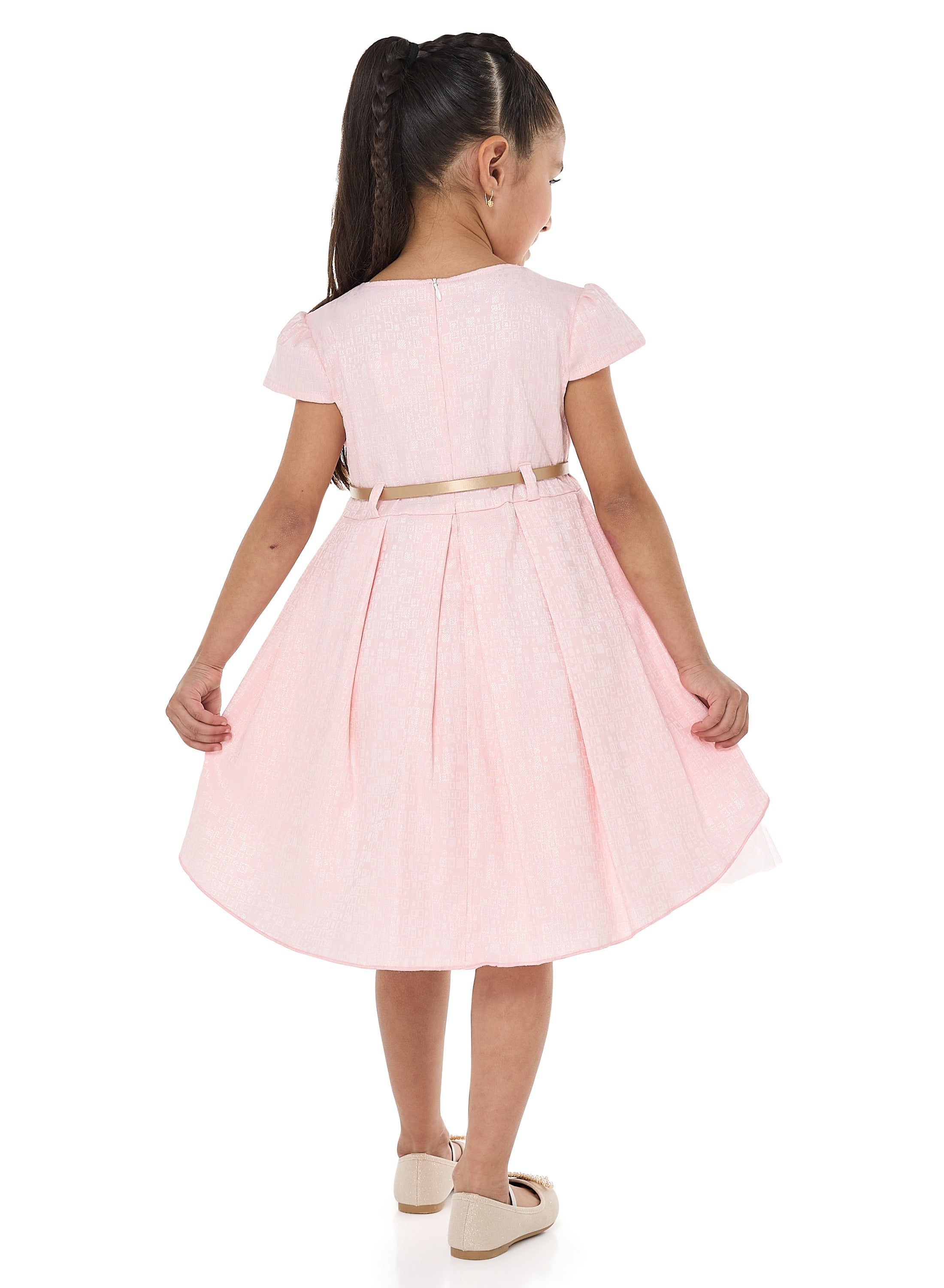 Girls Elegant Lt Pink/Gold Jacquard & Tulle Party Dress