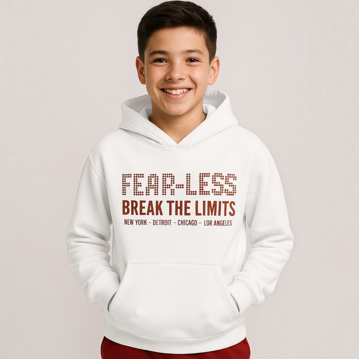A smiling boy wearing a white victor and jane hooded sweatshirt with brown graphic text on the front.