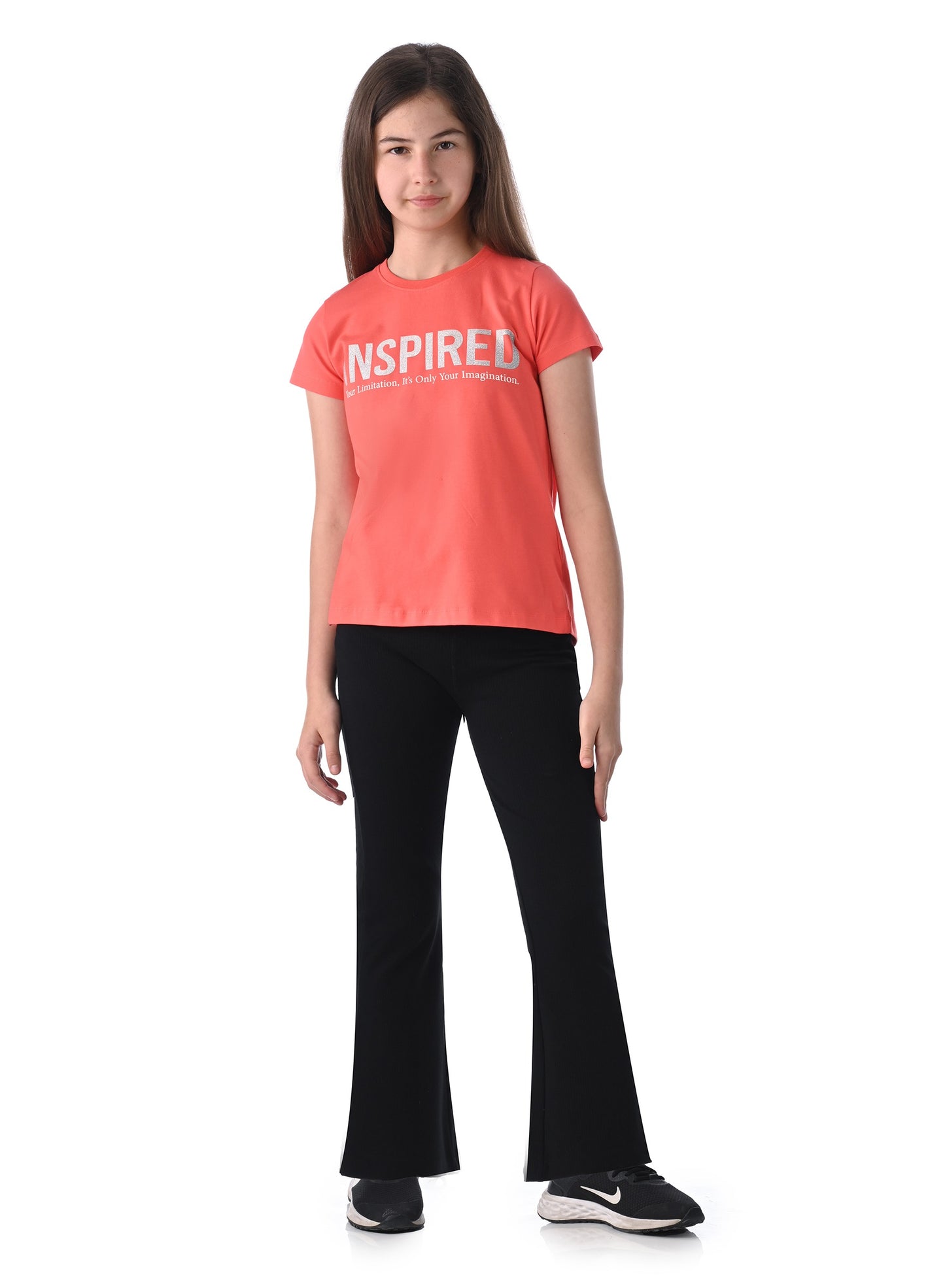 2 Pc Set with Slogan Print Stylish Top and Flared Solid Leggings