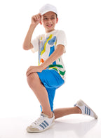 Victor and Jane Cotton Graphic Short Sleeve T-Shirt & Shorts Set - Blue & White