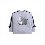 victor and jane grey sweatshirt featuring a metallic silver swan embroidery and black side stripe details