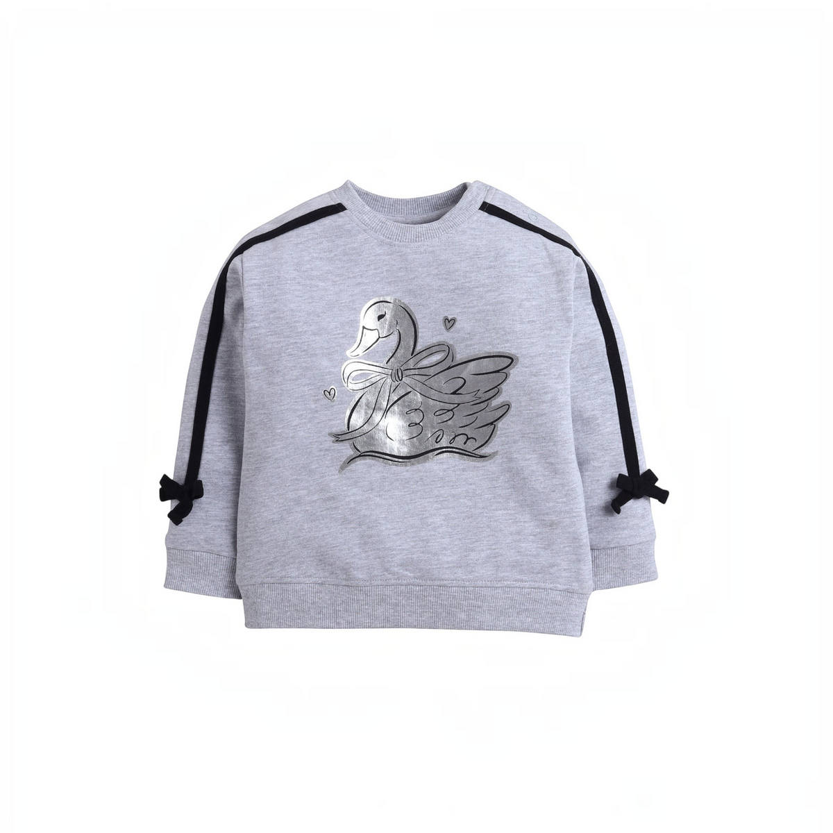 victor and jane grey sweatshirt featuring a metallic silver swan embroidery and black side stripe details