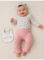 Baby Girls Floral Bodysuit, Pants and Bib Set with Headband (4-Piece)