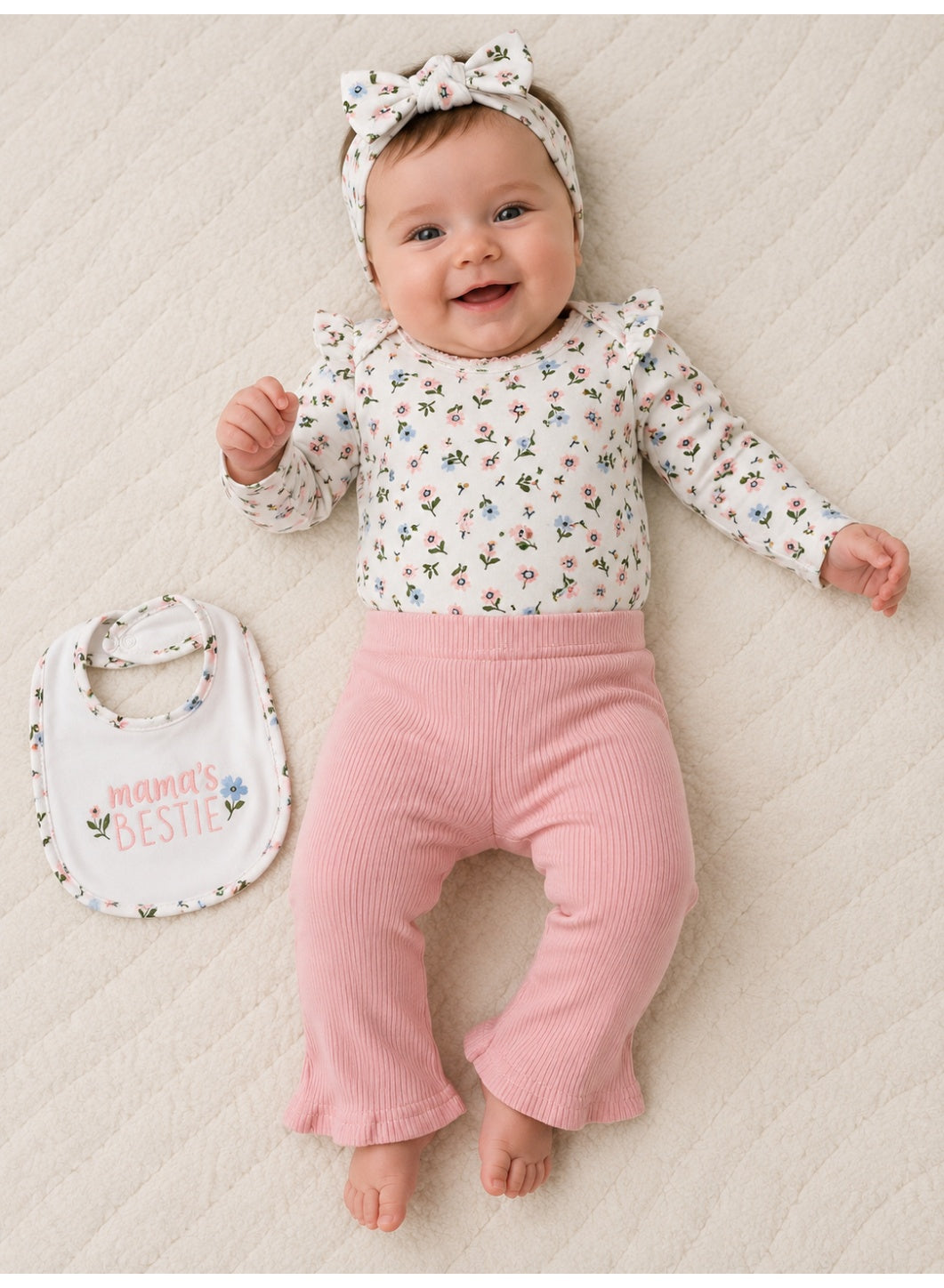 Baby Girls Floral Bodysuit, Pants and Bib Set with Headband (4-Piece)
