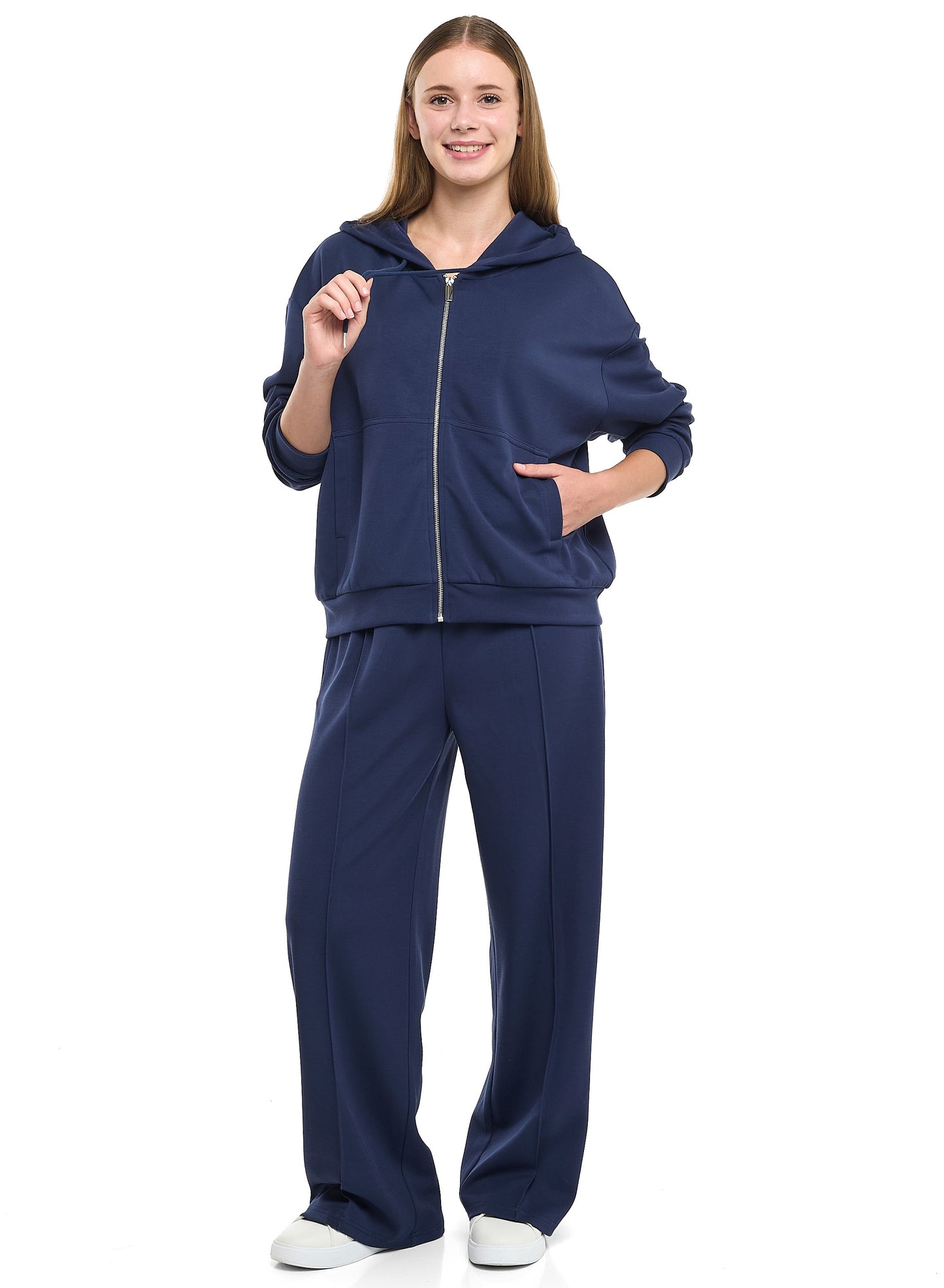 Ladies 2 Piece Set- Navy Zip-Up Hoodie & Wide-Leg Trousers Set