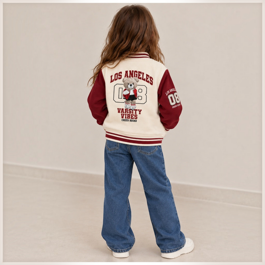 victor and jane girls varsity jacket in cream and maroon fleece with Los Angeles teddy bear graphic on the back