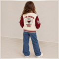 victor and jane girls varsity jacket in cream and maroon fleece with Los Angeles teddy bear graphic on the back