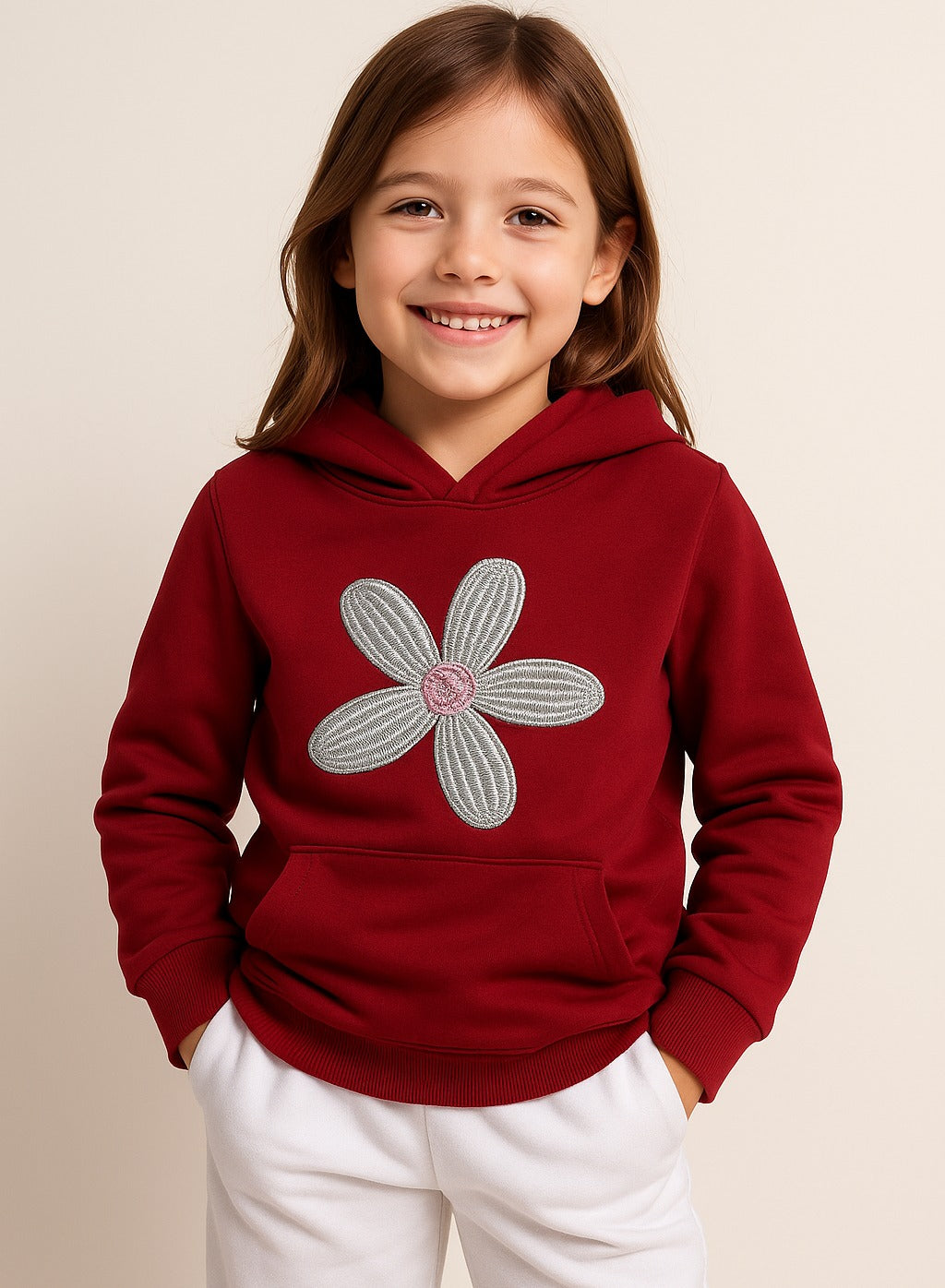 Girls Daisy Appliqué Fleece Hoodie – Burgundy