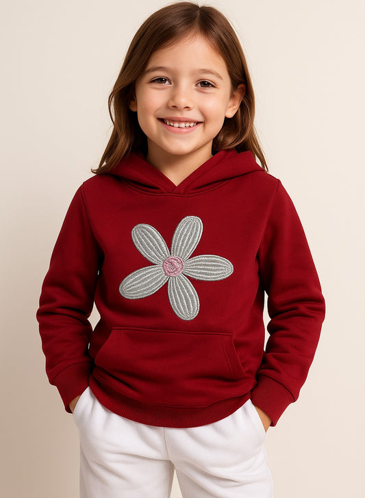 Girls Daisy Appliqué Fleece Hoodie – Burgundy