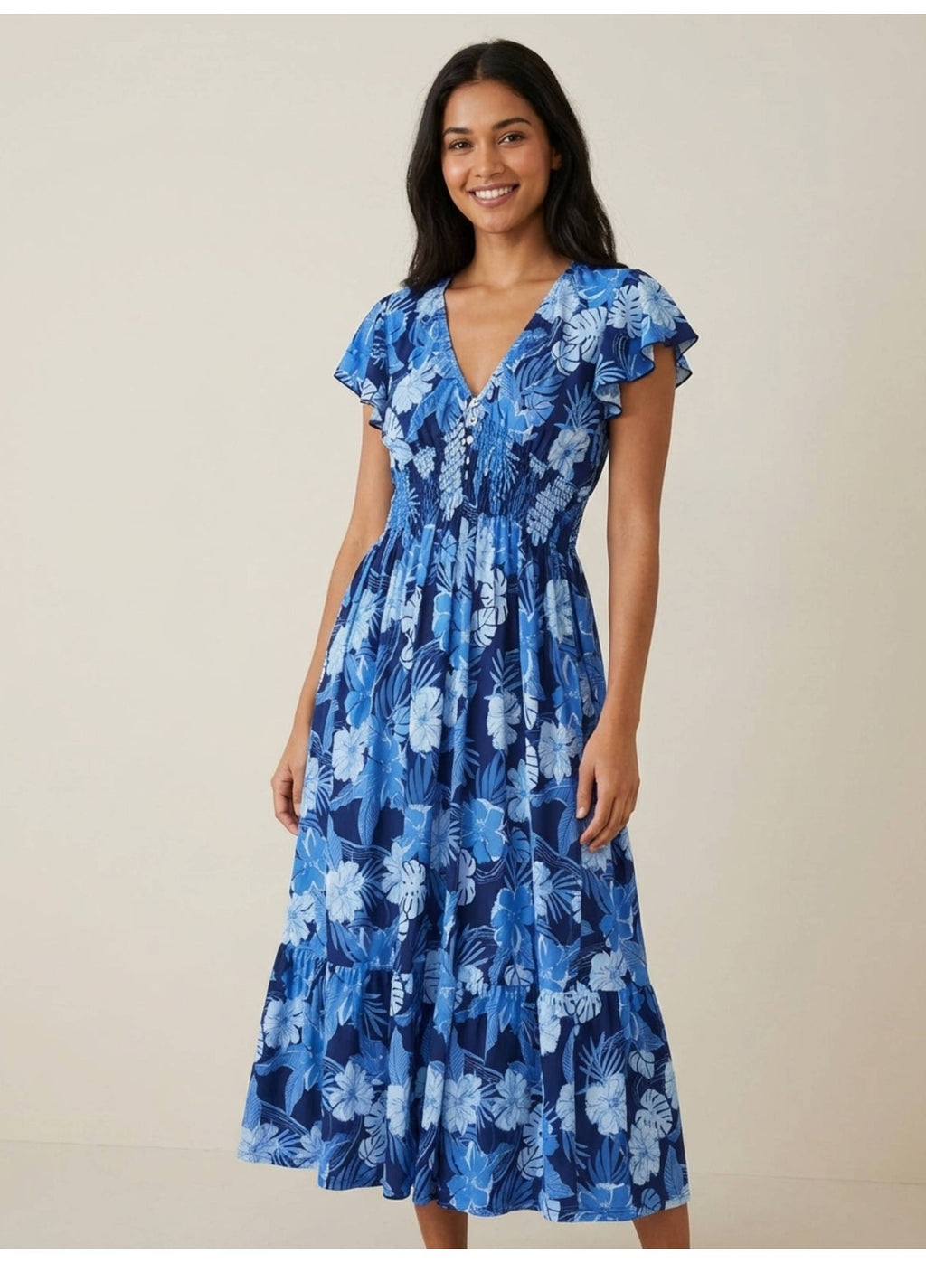 Blue Floral V-Neck Dress With Flutter Sleeves