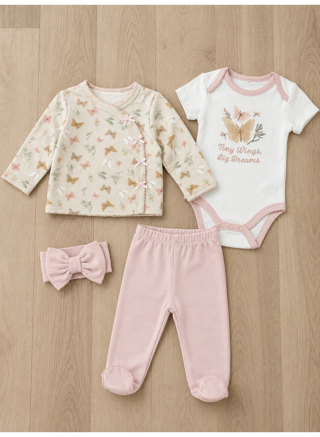 Baby Girls Quilted Wrap Top, Bodysuit & Footed Pants Set with Headband (4-Piece Set)
