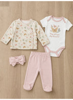 Baby Girls Quilted Wrap Top, Bodysuit & Footed Pants Set with Headband (4-Piece Set)