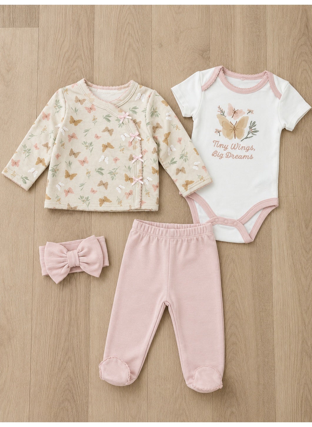 Baby Girls Quilted Wrap Top, Bodysuit & Footed Pants Set with Headband (4-Piece Set)