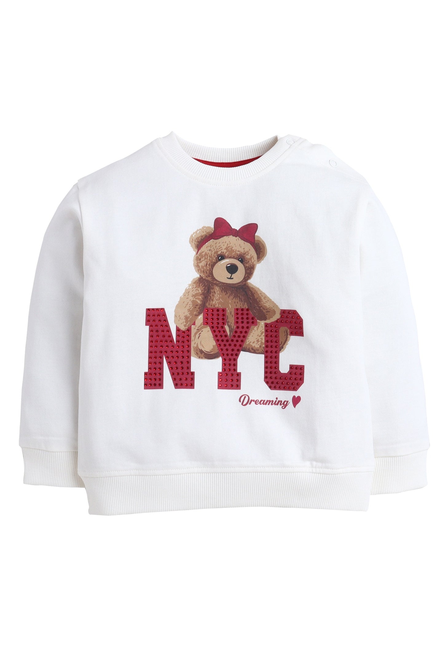 Baby Girl NYC Bear Fleece Tracksuit – Cream & Red 2-Piece Set