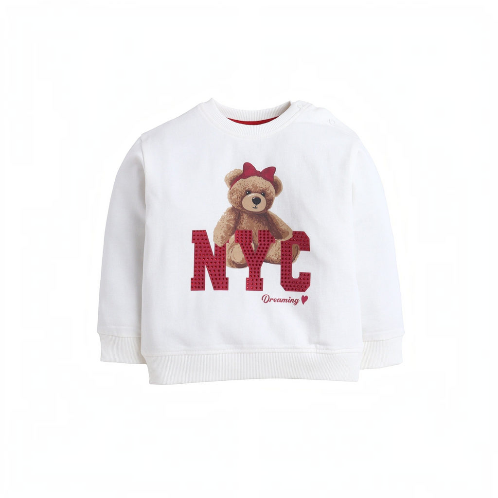 victor and jane white long-sleeve sweatshirt for girls featuring a teddy bear graphic with NYC text and red bow