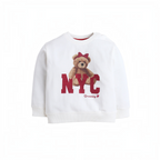 victor and jane white long-sleeve sweatshirt for girls featuring a teddy bear graphic with NYC text and red bow