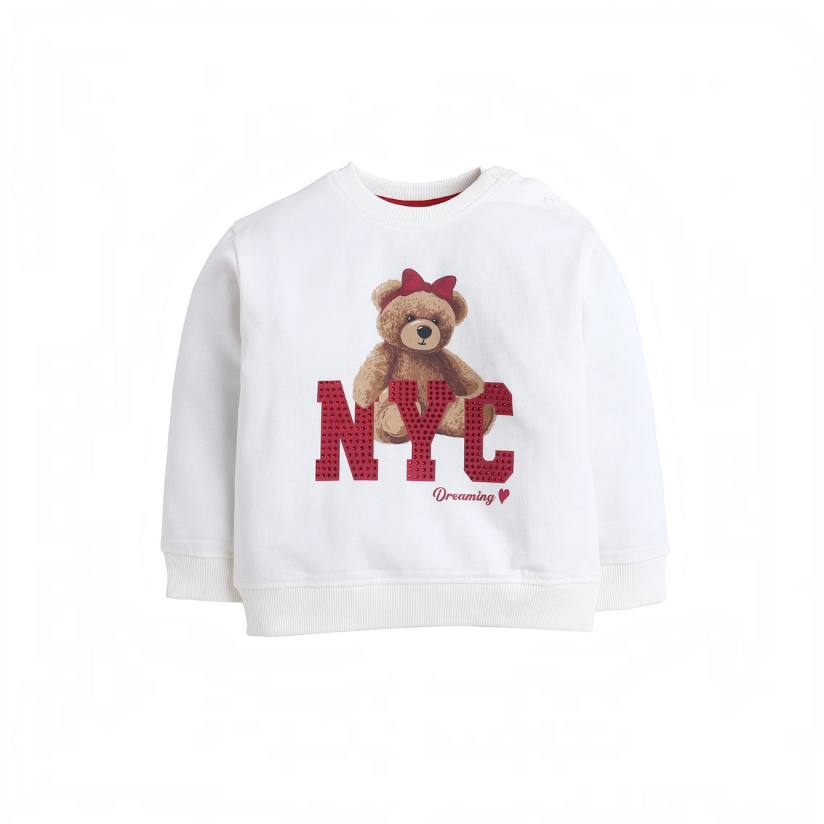 victor and jane white long-sleeve sweatshirt for girls featuring a teddy bear graphic with NYC text and red bow