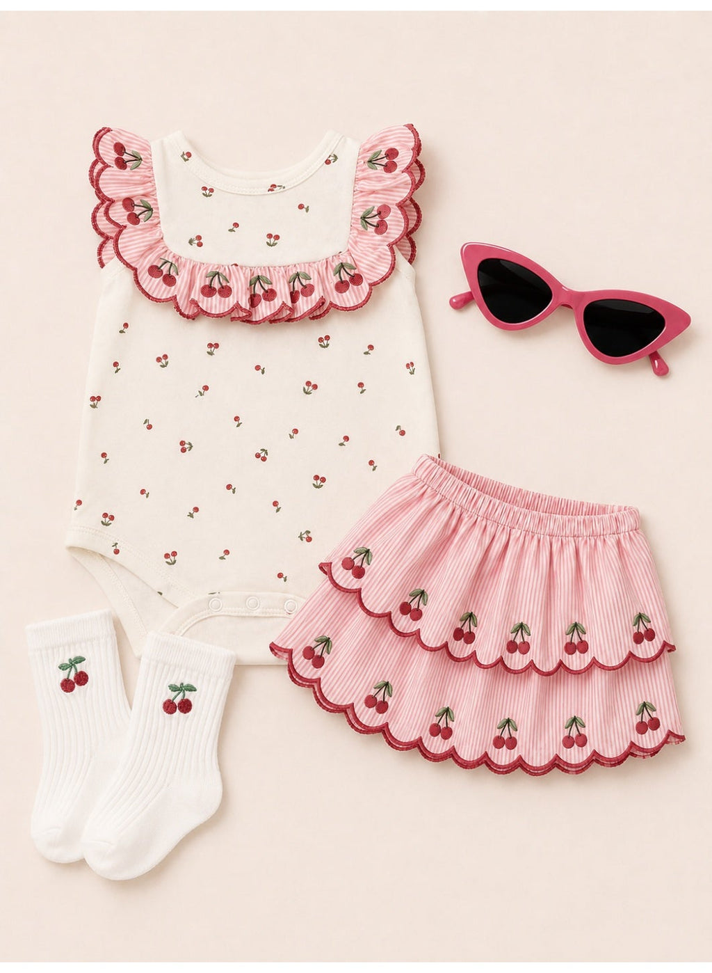 Baby Girls Cherry Print Bodysuit & Skirt Set with Sunglasses & Socks (4-Piece Set)
