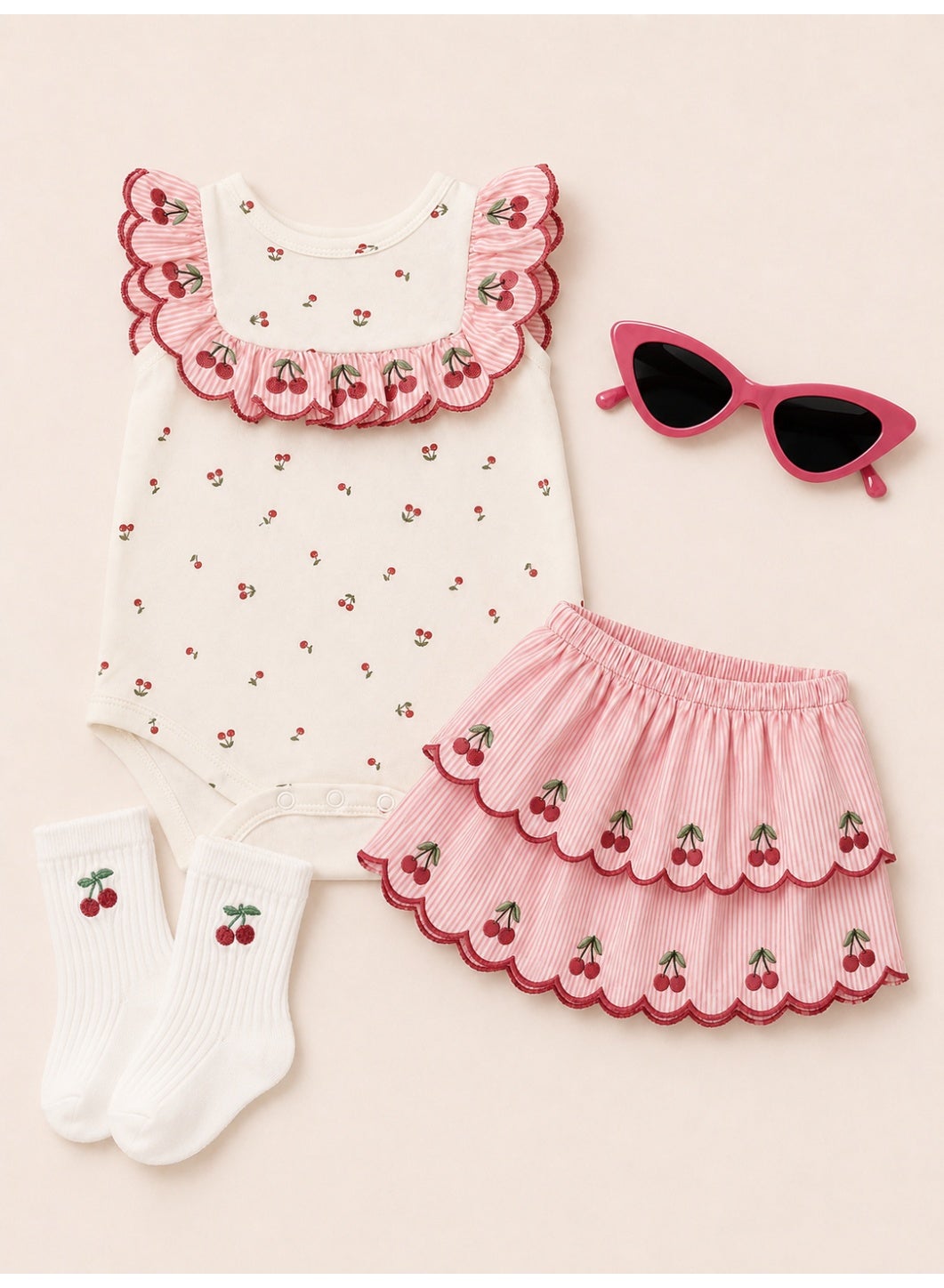 Baby Girls Cherry Print Bodysuit & Skirt Set with Sunglasses & Socks (4-Piece Set)