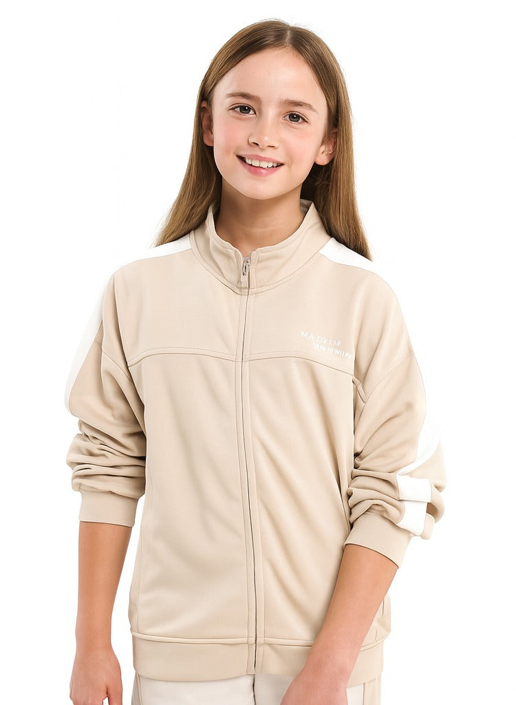 Girls’ Beige Contrast-Stripe Track Set – Zip-Up Jacket & Joggers