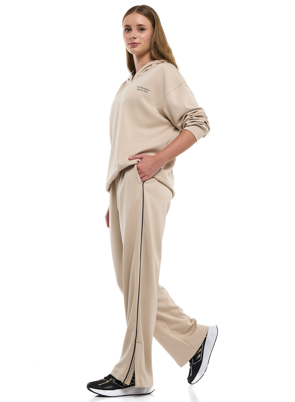 Ladies 2 Piece Set - Snap-Hem Wide-Leg Trousers & Hoodie Set - Oatmeal
