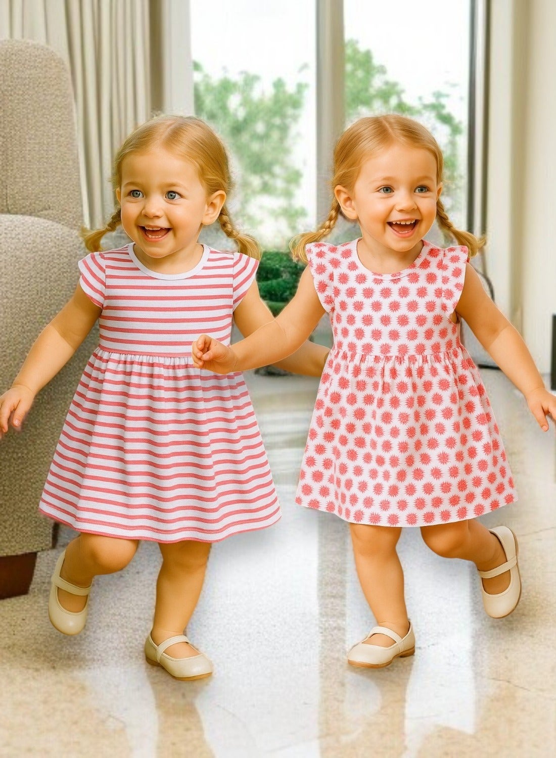 Victor And Jane - All-Over Printed Cap Sleeve - Dress (Pack Of 2)