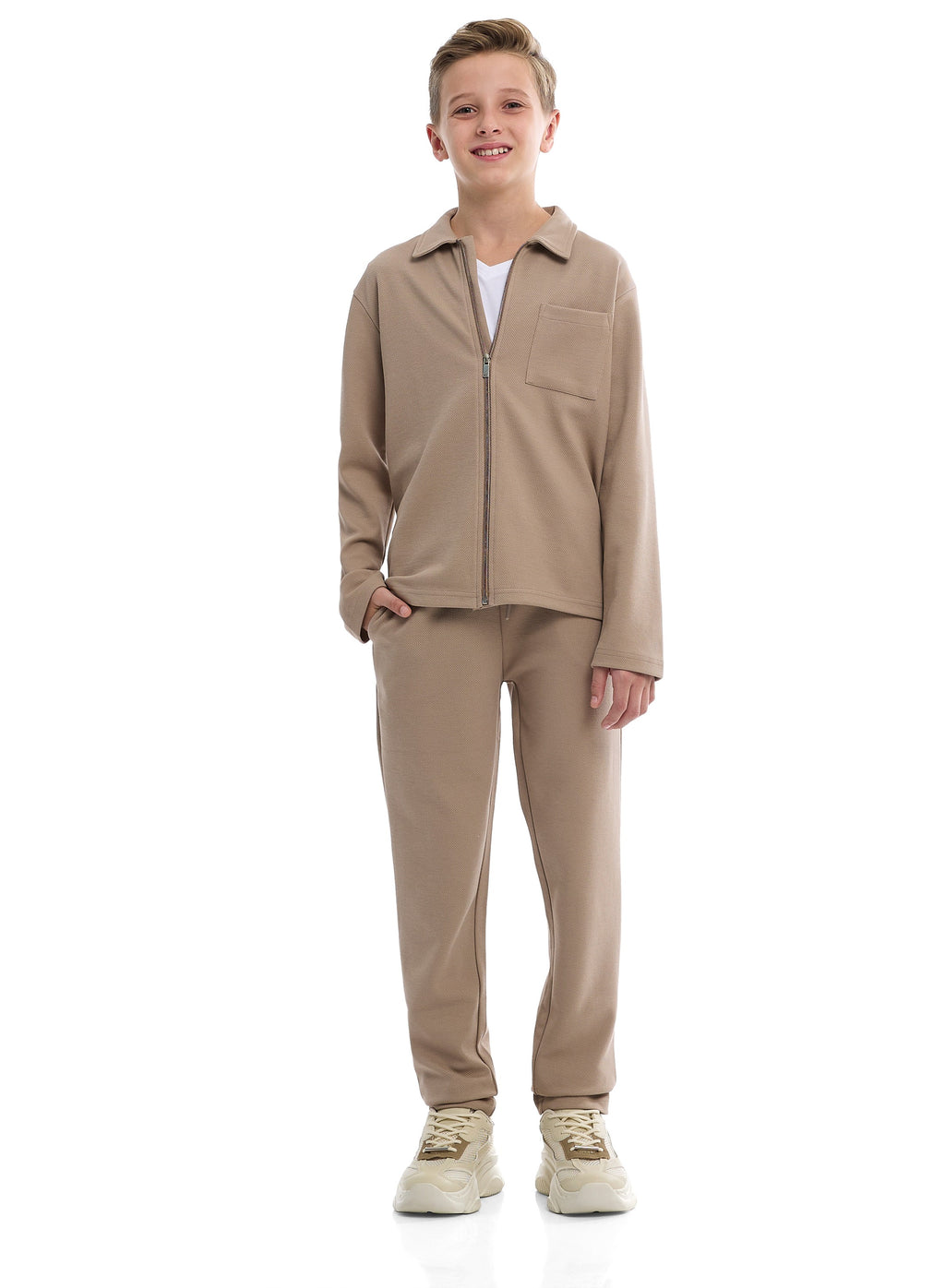 Boys Beige Twill Shirt-Style Co-Ord Set With Front Pockets &Amp; Zip Closure “ Smart Casual Outfit