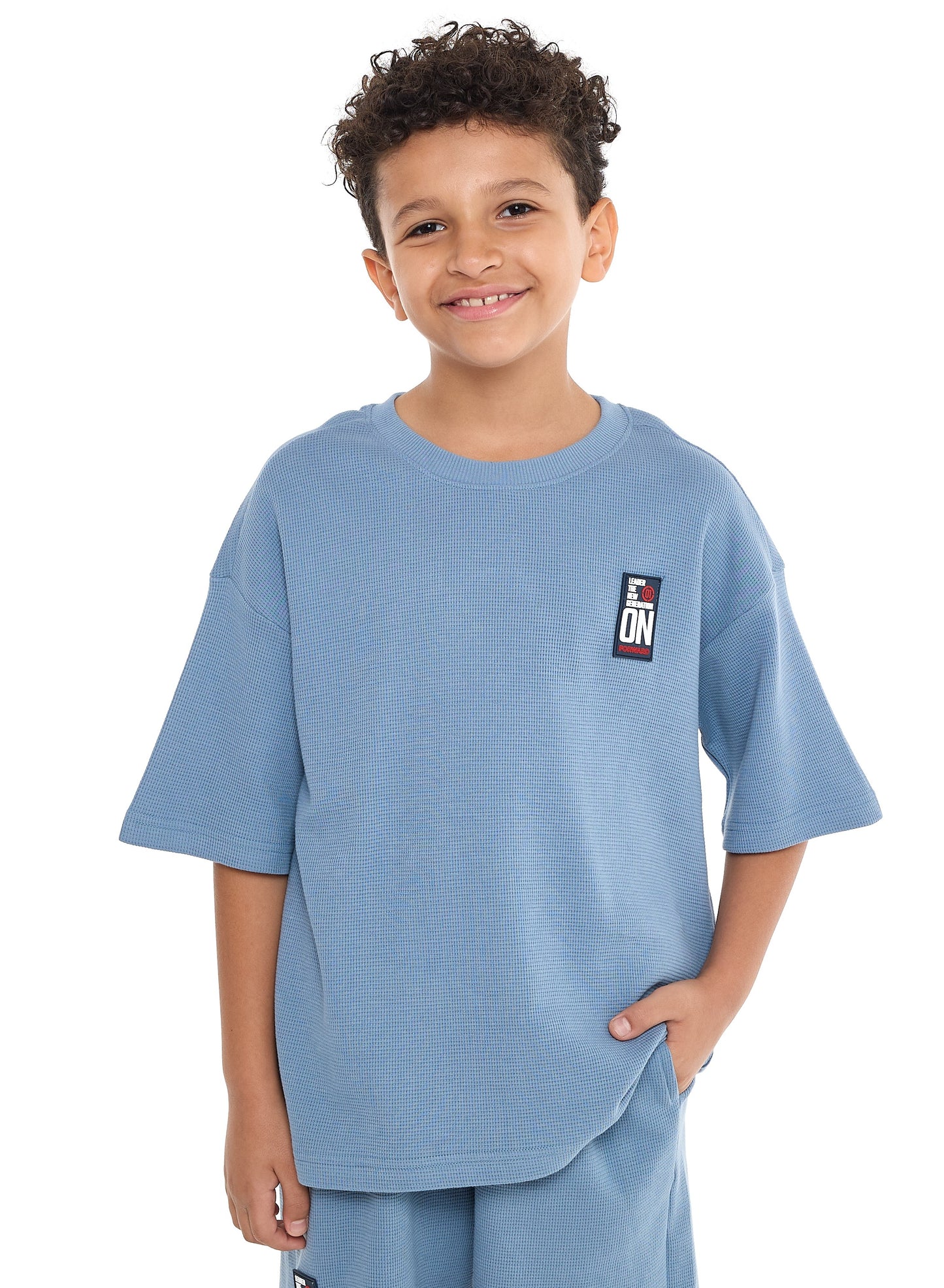Victor and Jane Boys' Cord Set – Light Blue T-Shirt and Shorts Outfit with Label detail