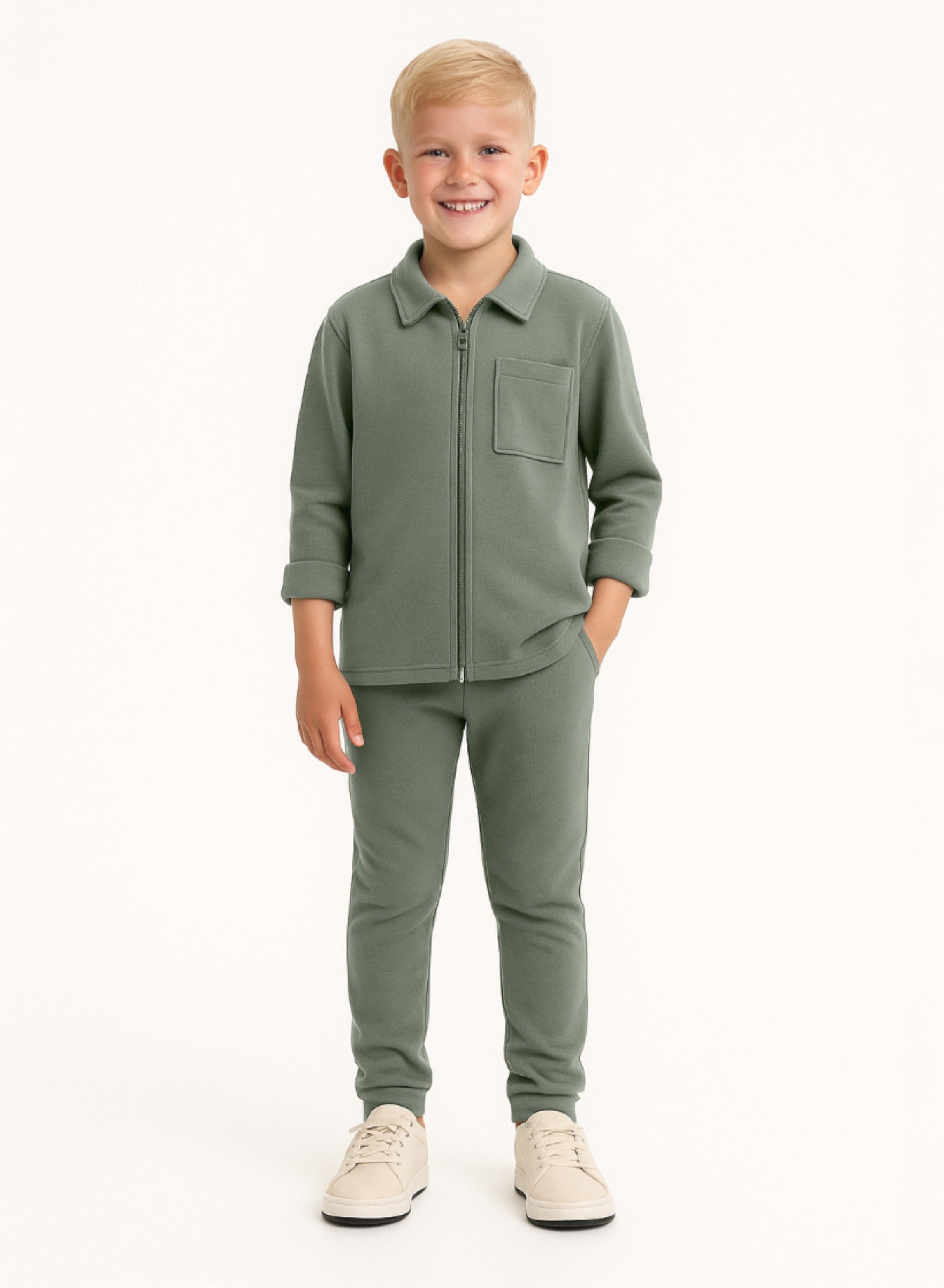 Victor And Jane Cotton Full Sleeves Jacket With Joggers Co-Ords Set - Olive Green