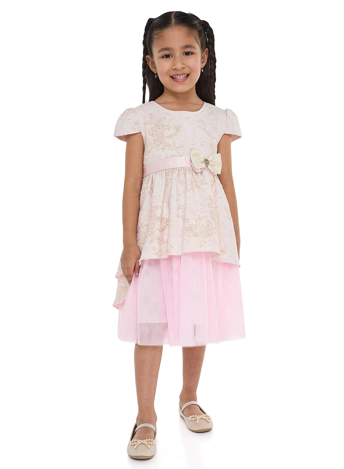 Girls Elegant Lt Pink/Gold Jacquard & Tulle Party Dress