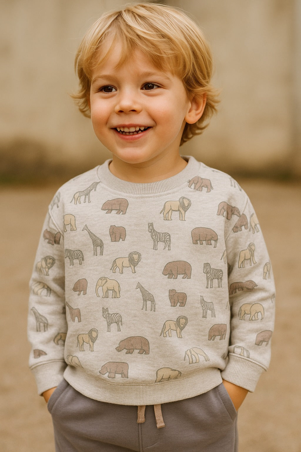 Dirkje Animals Printed Full Sleeves Sweatshirt With Joggers Set - Grey/White
