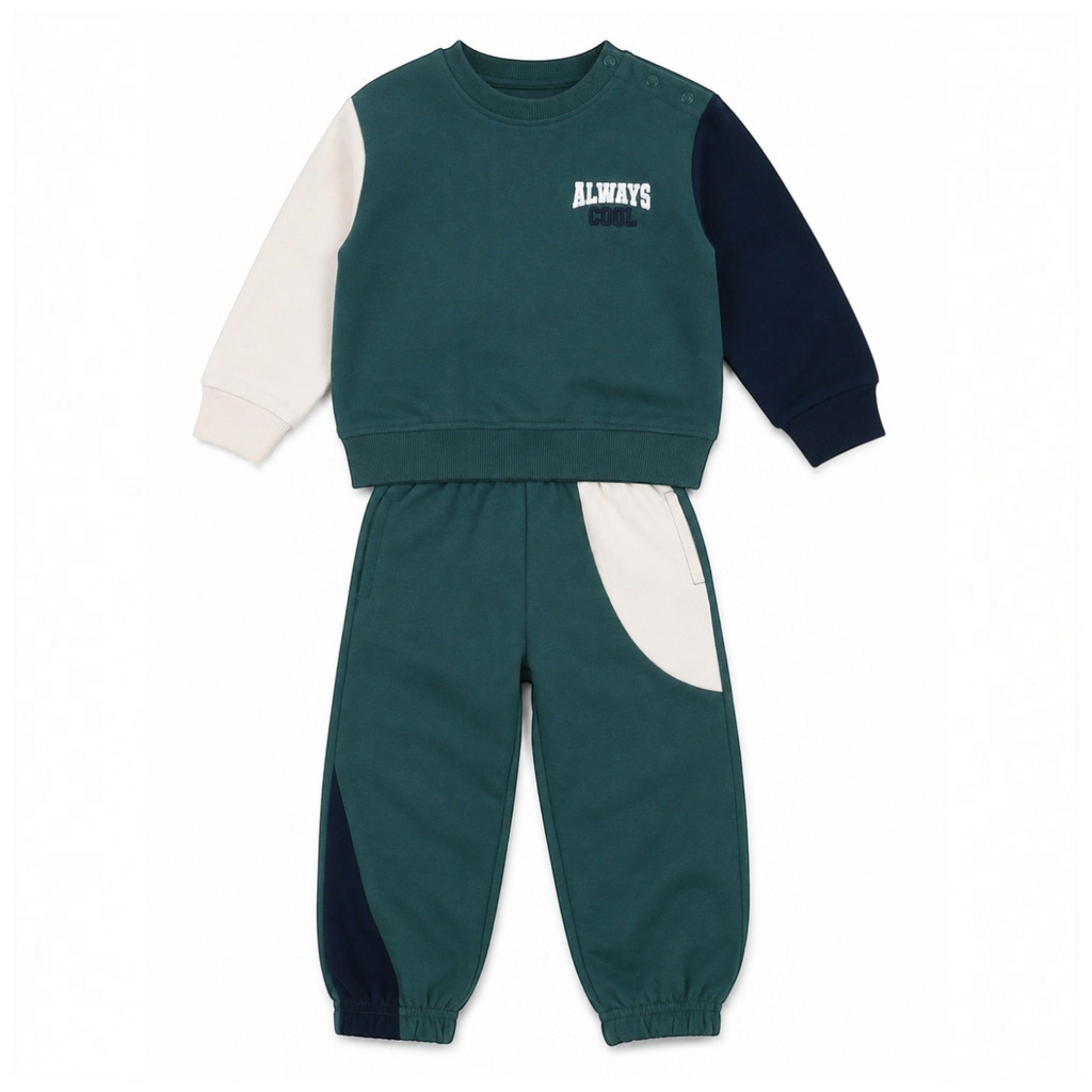 victor and jane boys 2-piece cotton french terry sweatshirt and jogger set in green with colorblock sleeves
