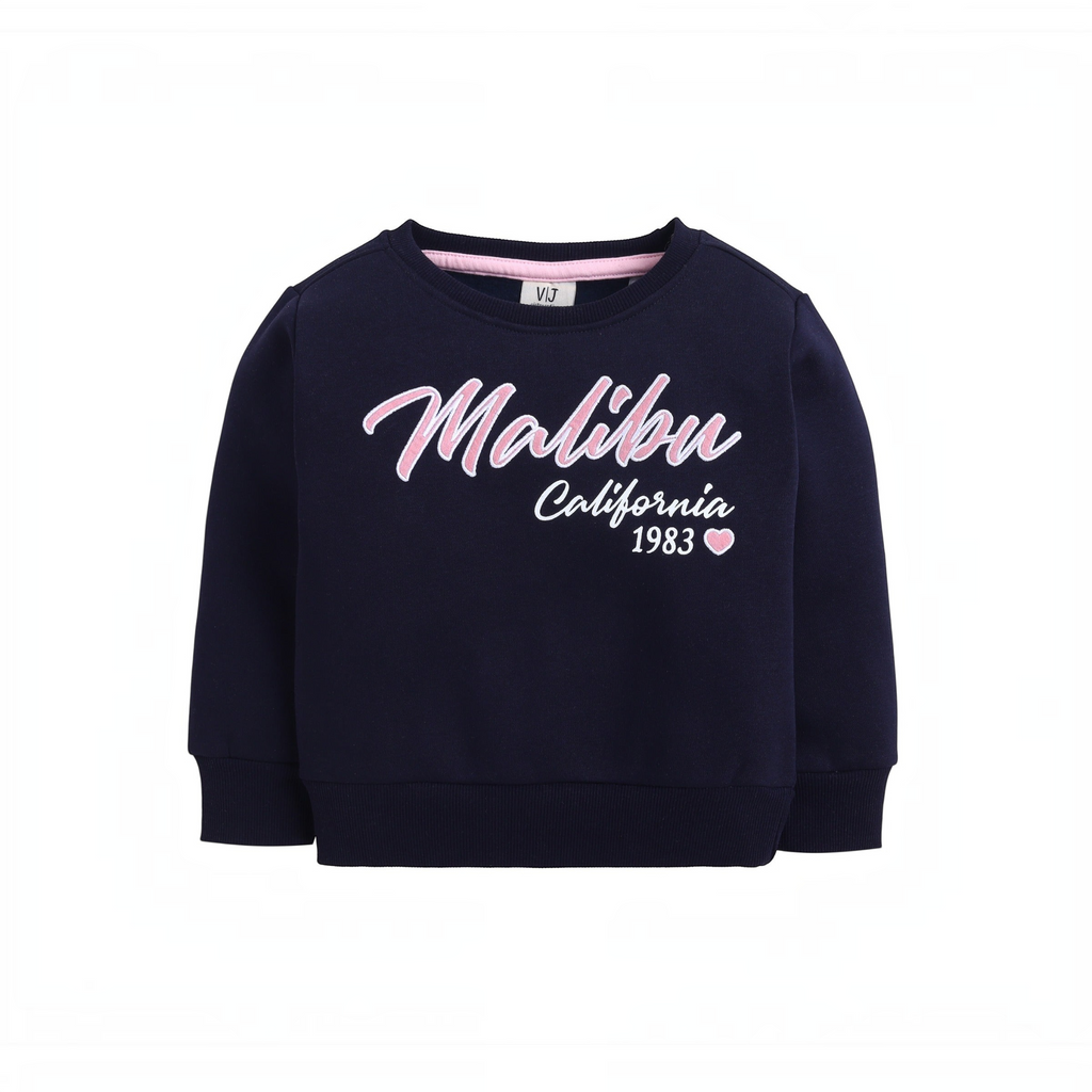victor and jane girls navy blue sweatshirt with pink Malibu California graphic print and heart detail