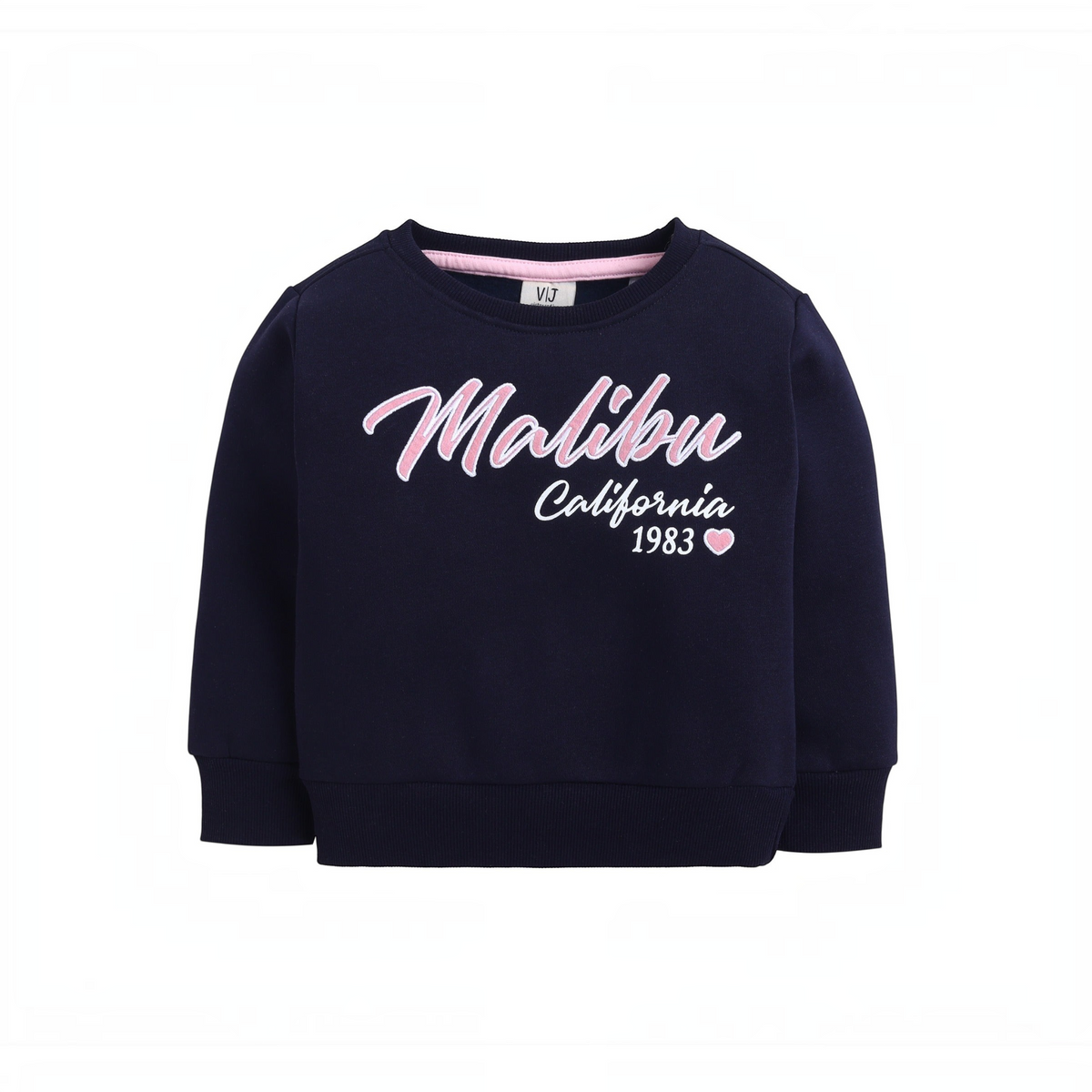 victor and jane girls navy blue sweatshirt with pink Malibu California graphic print and heart detail