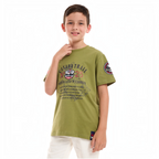 A young boy wearing a victor and jane olive green graphic t-shirt featuring Canada Trail text and map print.