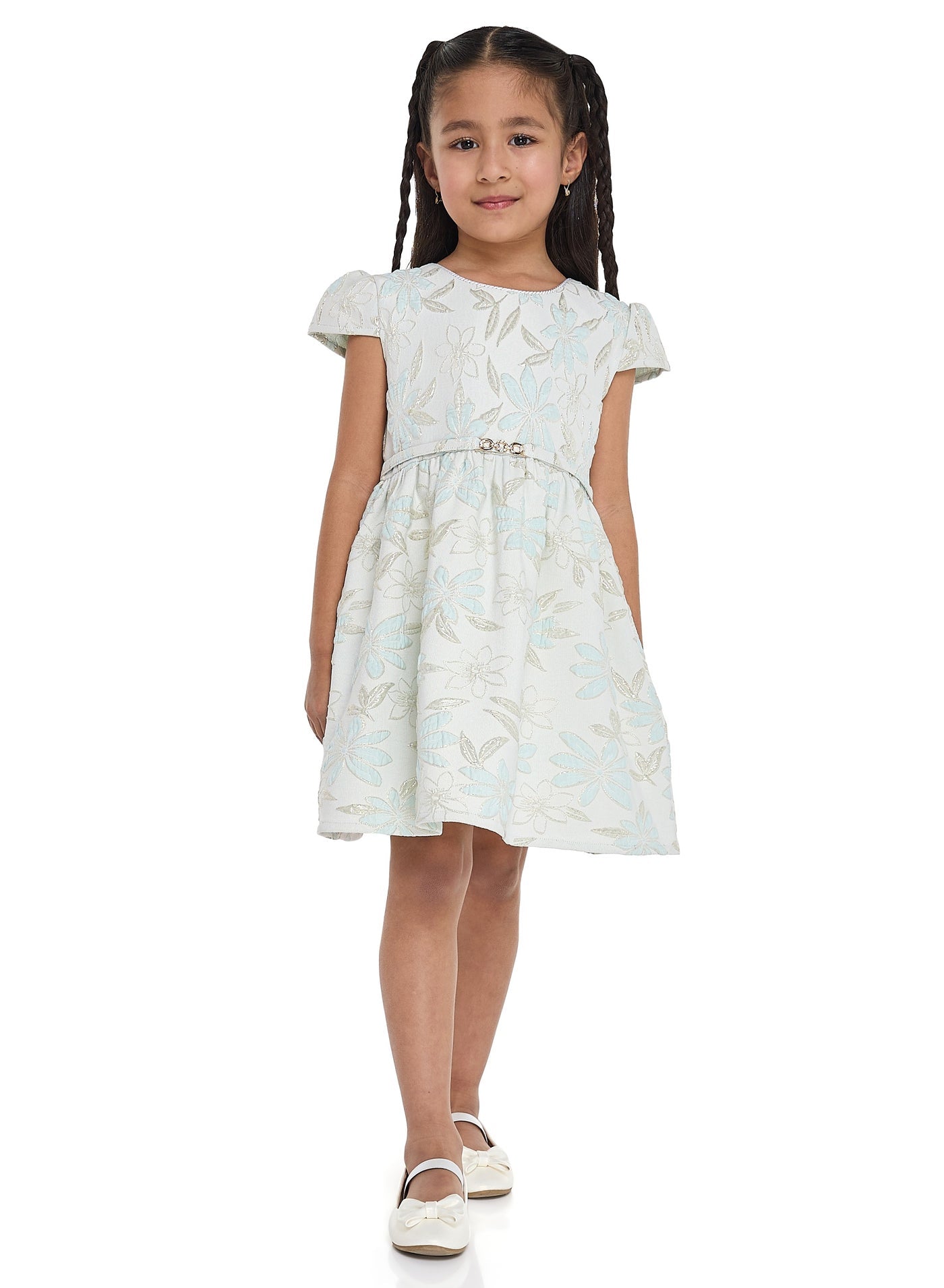 Girls Elegant Green/Gold Jacquard & Tulle Party Dress