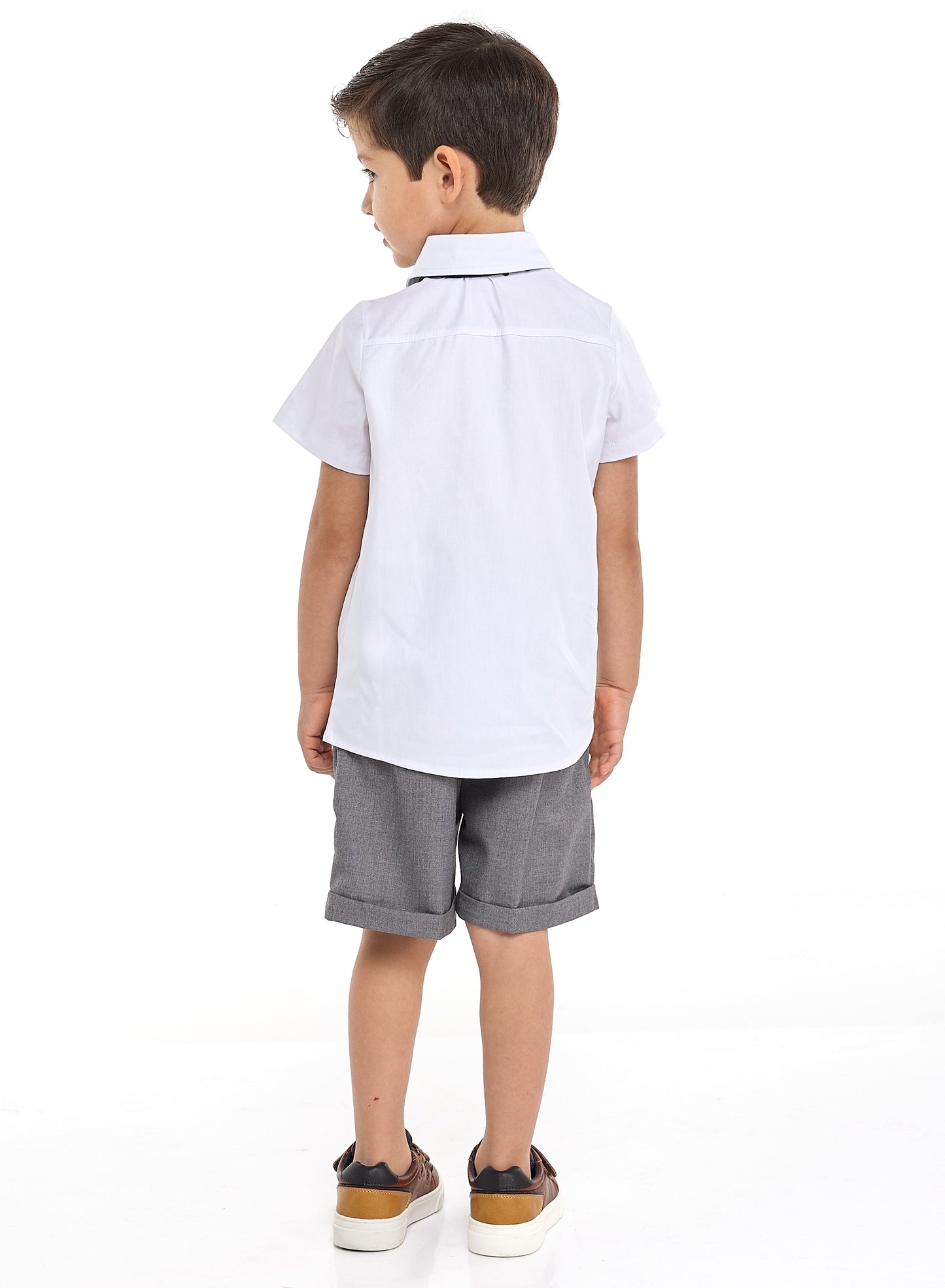 Gray Shorts And Braces Set With Shirt And Bow Tie