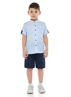 Victor And Jane Short Sleeves Mandarin Collar Stripes Shirt & Shorts Set