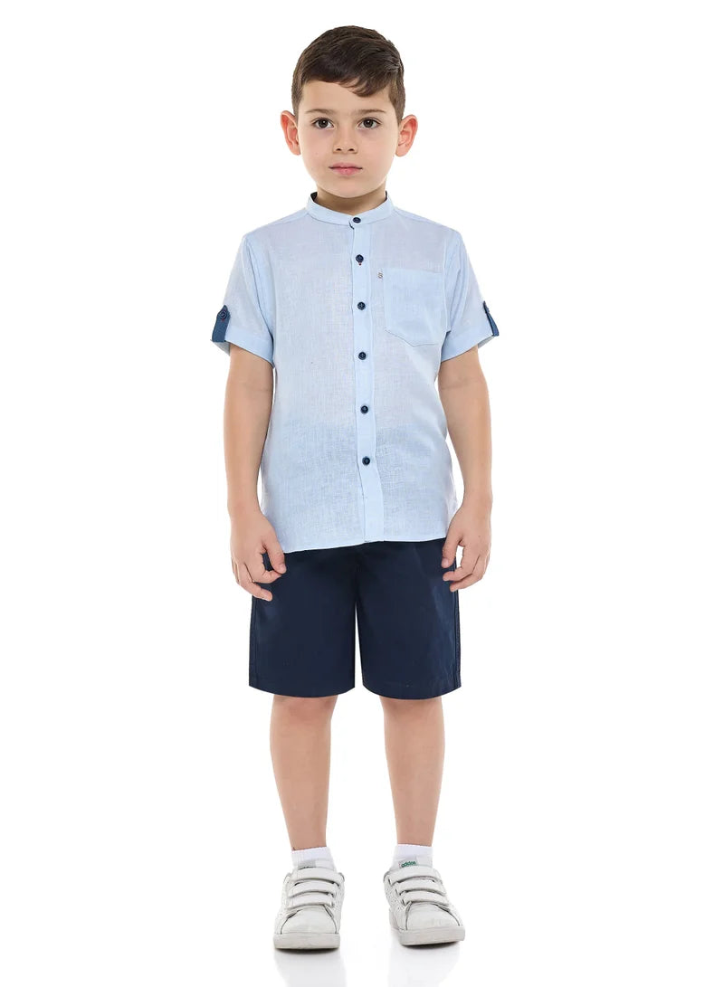 Victor And Jane Short Sleeves Mandarin Collar Stripes Shirt & Shorts Set