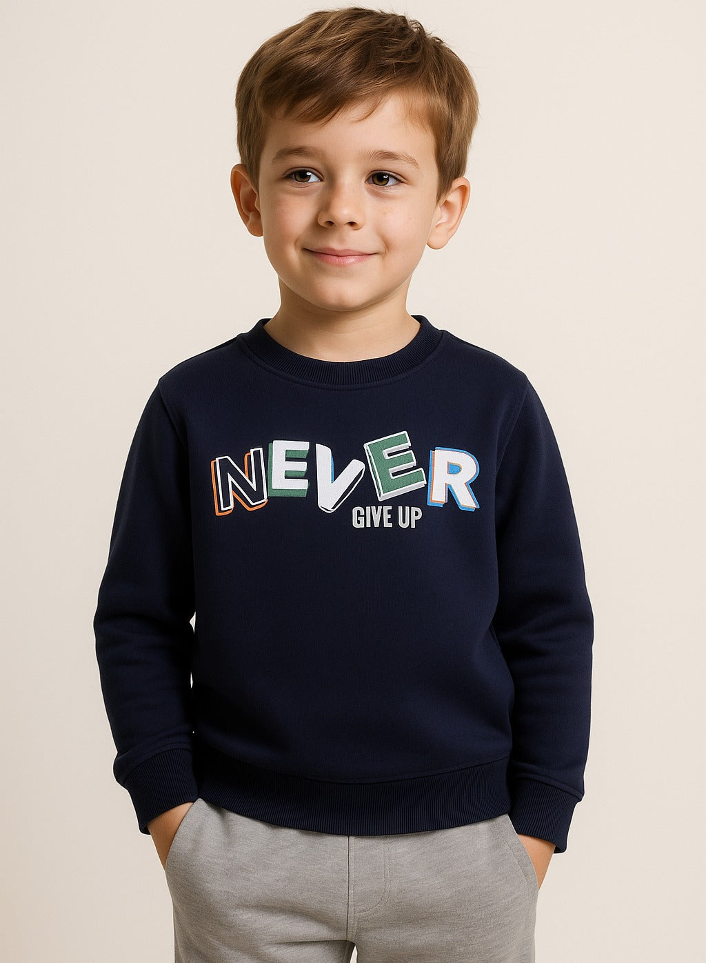 Boys' Navy "Never Give Up" Slogan Sweatshirt