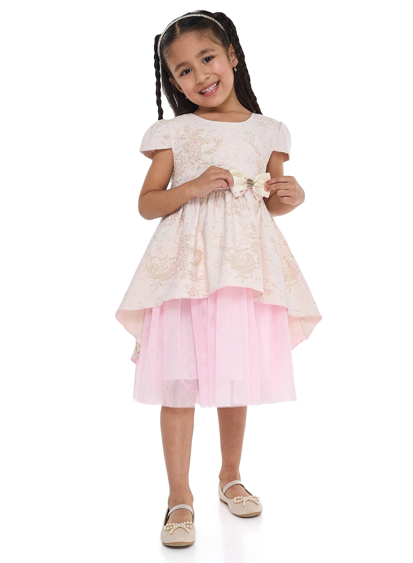 Girls Elegant Lt Pink/Gold Jacquard & Tulle Party Dress