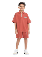 Victor And Jane Boys' Oversized Jacquard Set “ 2-Piece Outfit With Pockets, Polo T-Shirt With Half  Zipper And Shorts